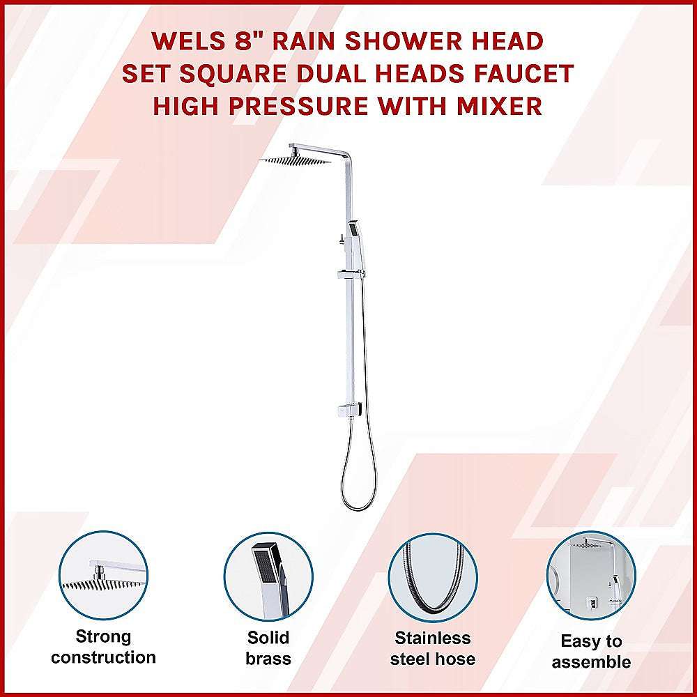 WELS 8" Rain Shower Head Set Square Dual Heads Faucet High Pressure