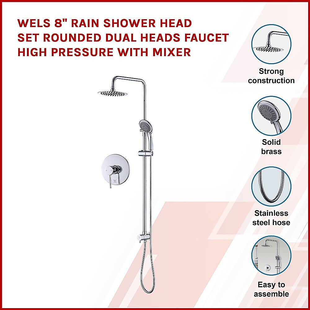 WELS 8" Rain Shower Head Set Rounded Dual Heads Faucet High Pressure
