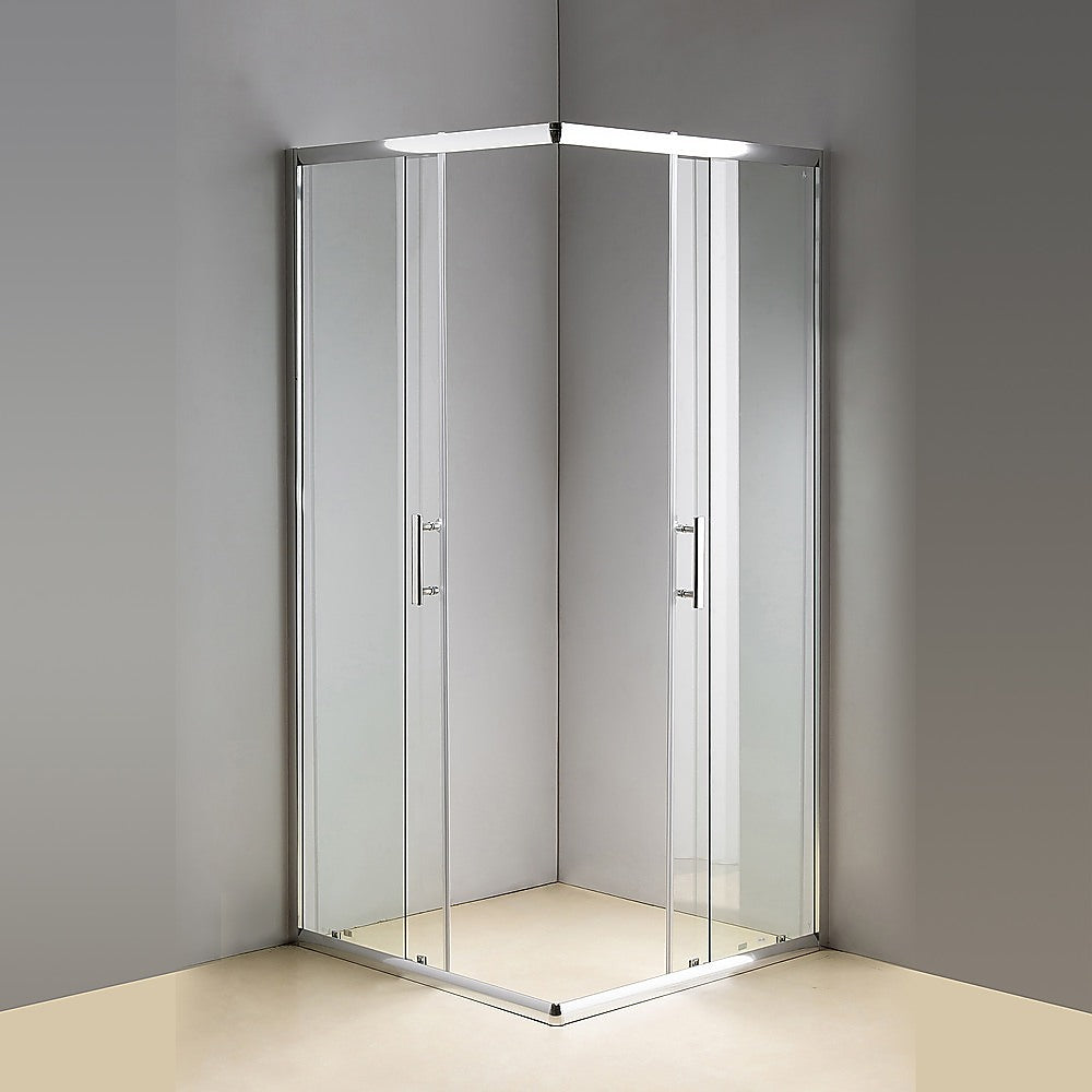 Corner sliding shower screen with clear glass panels and chrome frame