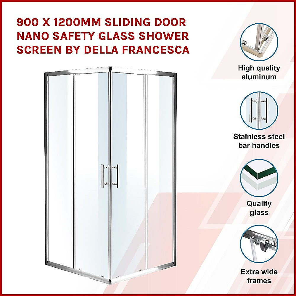 Sliding shower screen with clear glass panels and chrome frame