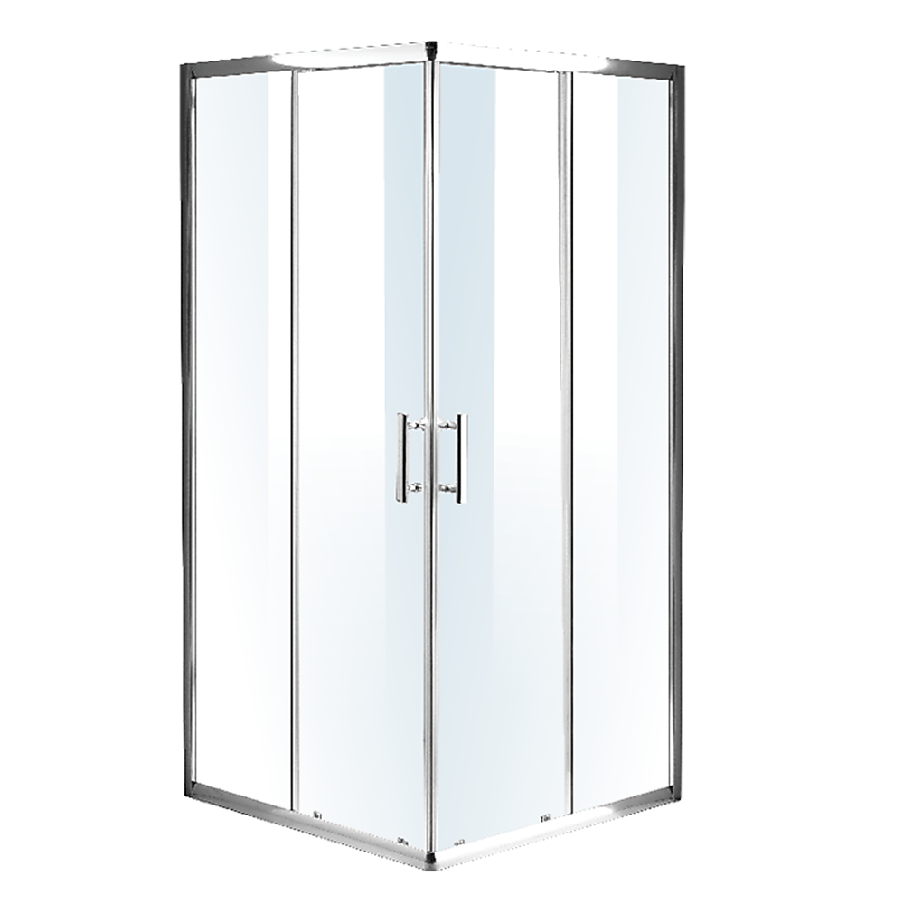 Sliding shower screen with clear glass panels and chrome frame, double-door style