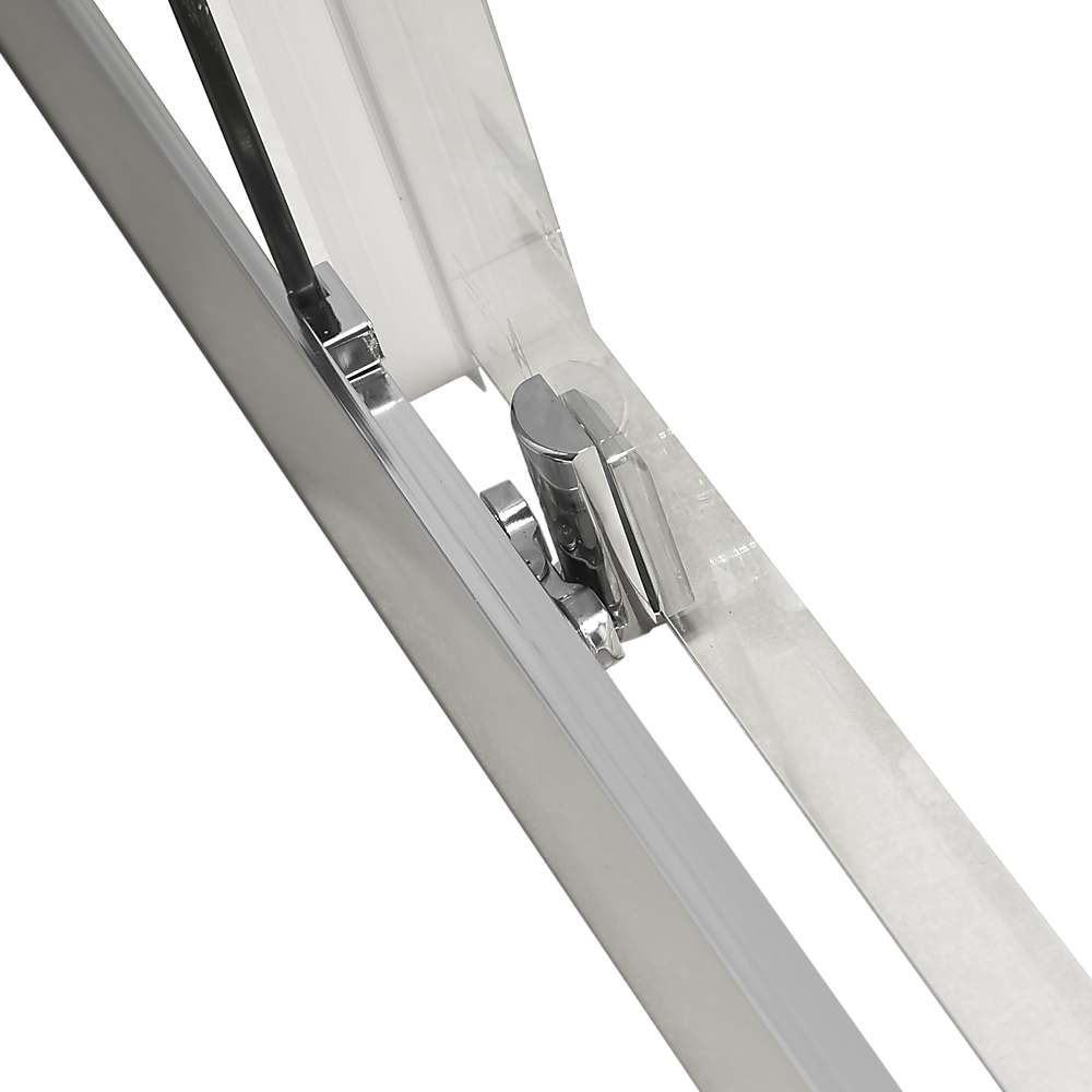 Close-up of shower screen sliding mechanism on clear glass panel
