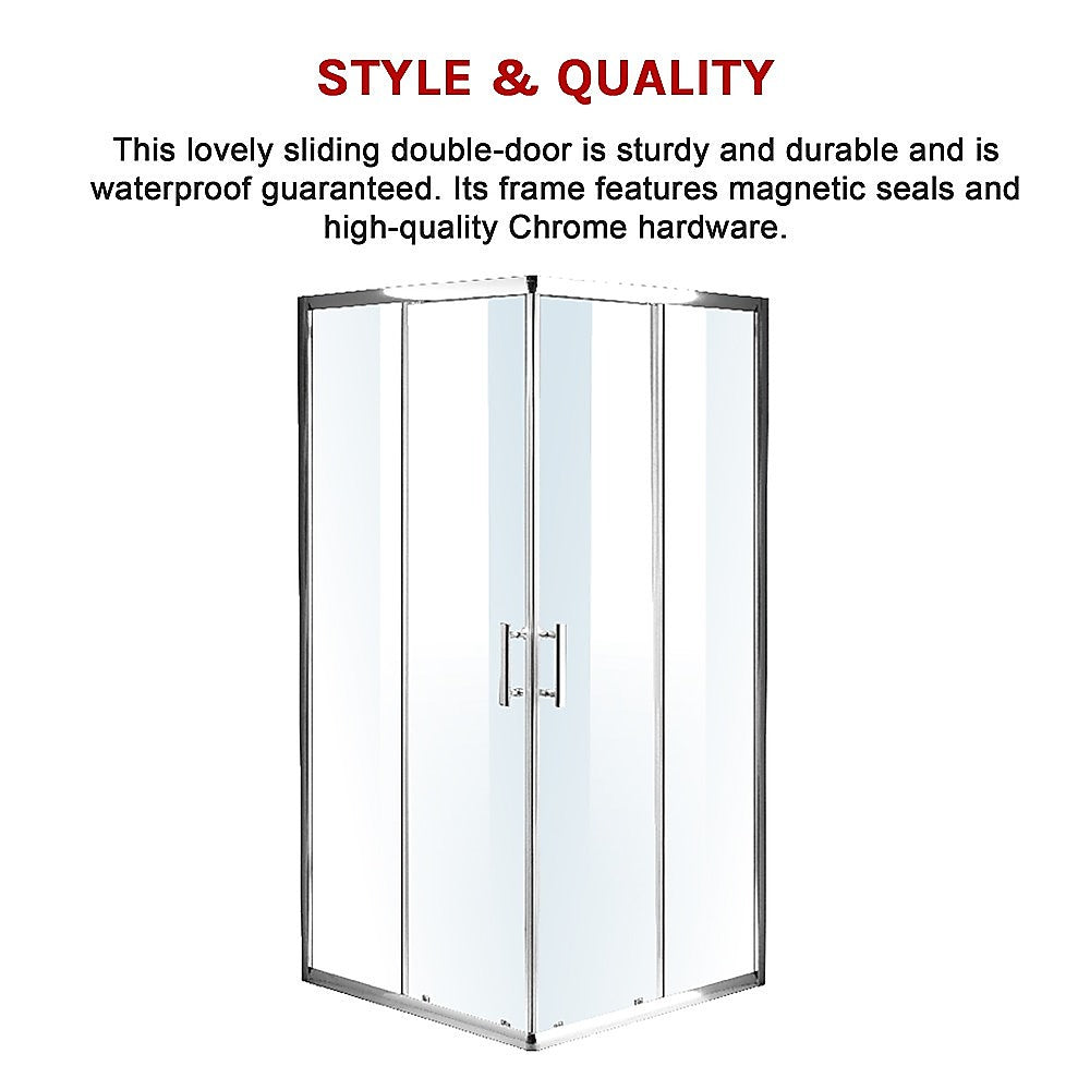 Sliding shower screen with clear glass panels and chrome frame, front view
