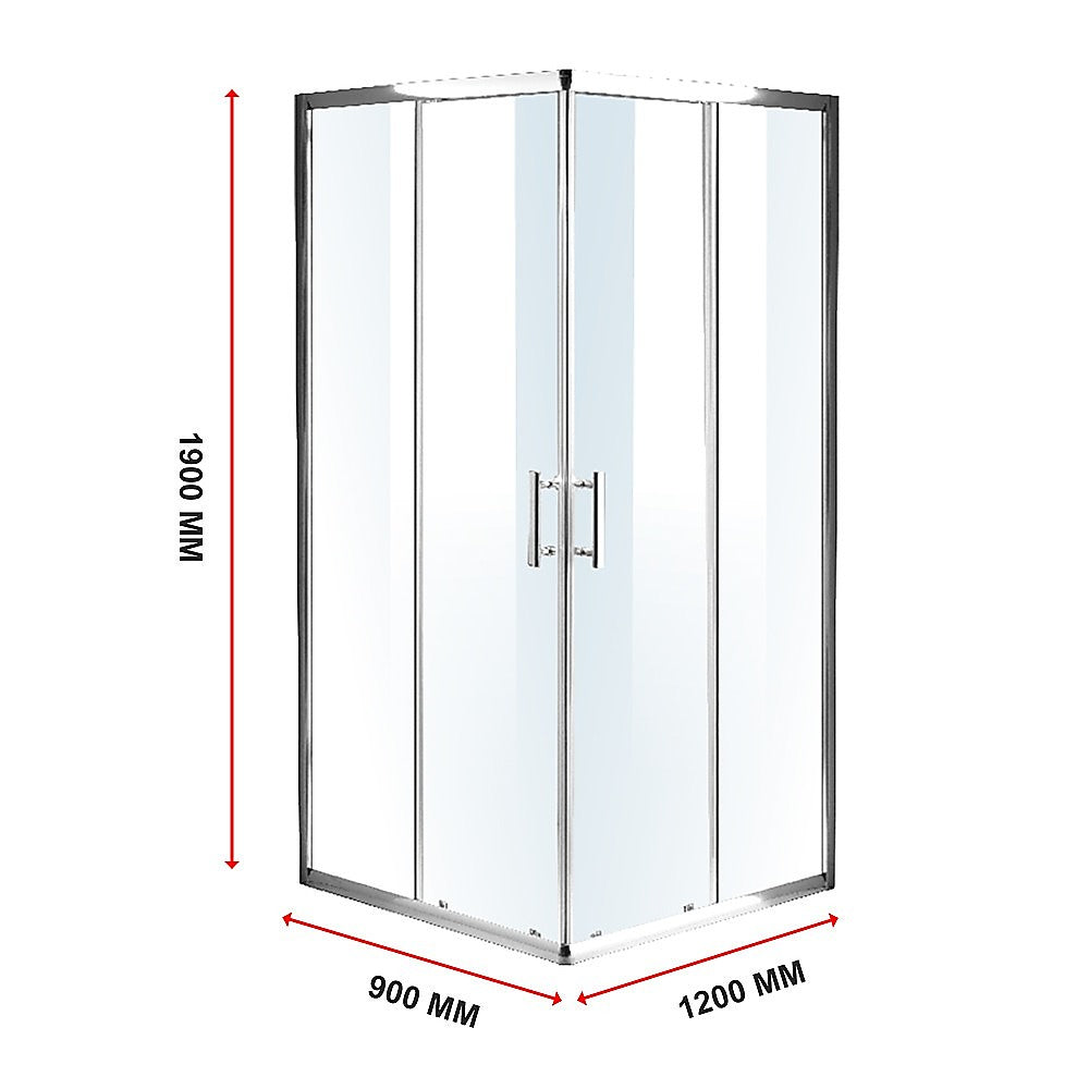 Sliding shower screen with size markers 900 x 1200 mm and clear glass panels