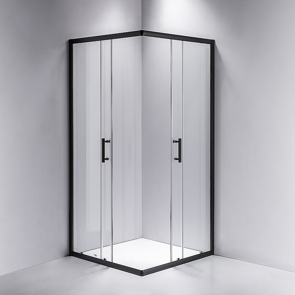 Corner sliding shower screen with clear glass panels and matte black frame