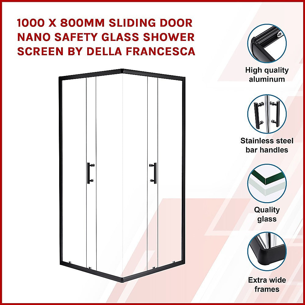 Sliding shower screen door with clear glass panels and black aluminum frame