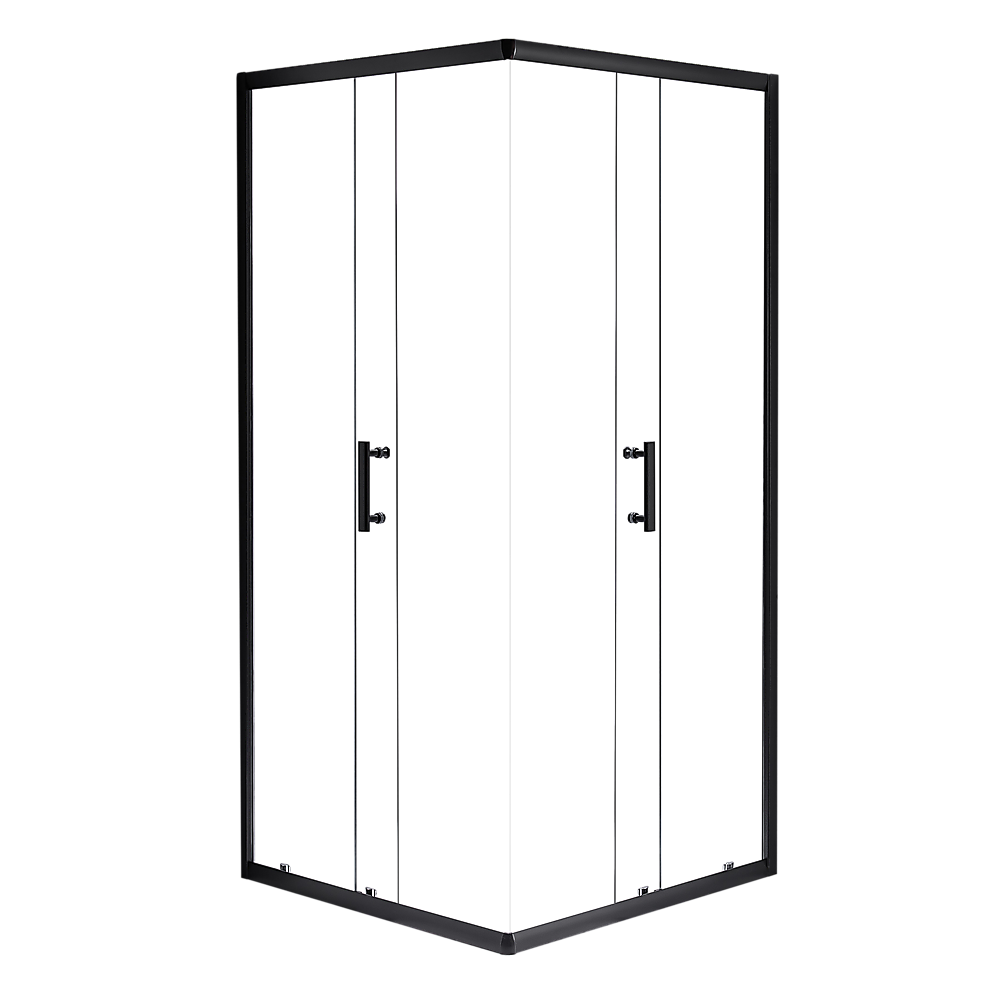 Sliding shower screen door with clear glass panels and black frame, Della Francesca