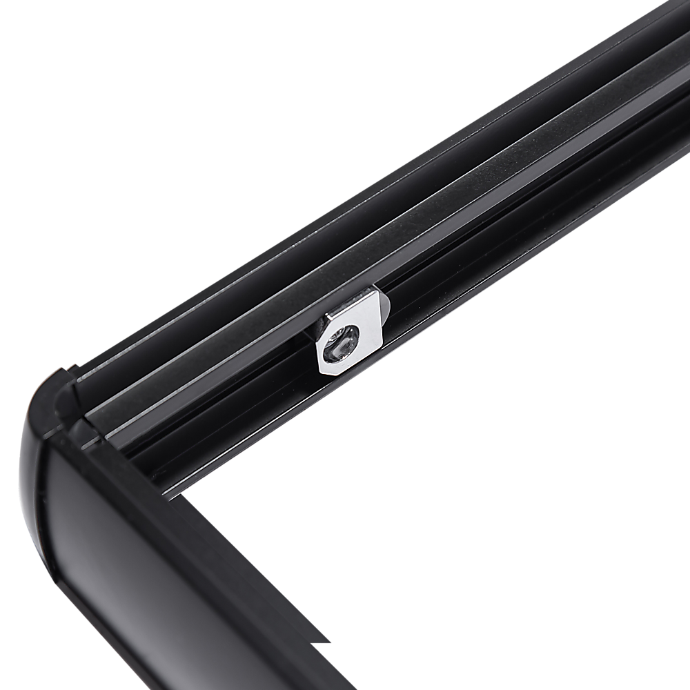 Black shower screen sliding rail with locking hardware and clear glass edge