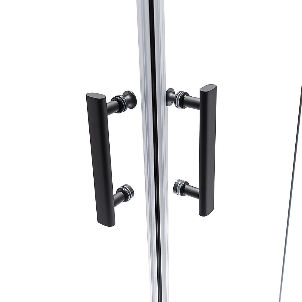 Black sliding shower screen door handle on clear glass