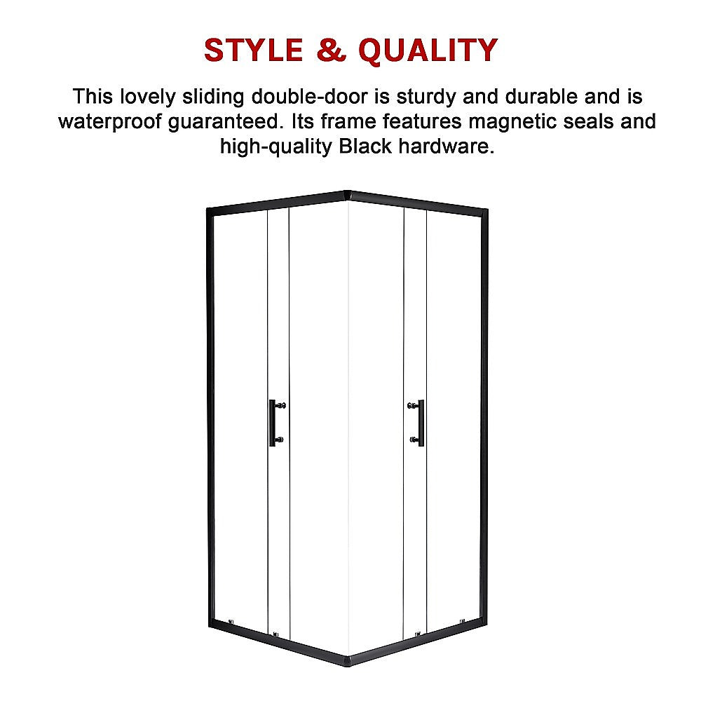 Double sliding shower screen door with clear glass panels and black frame