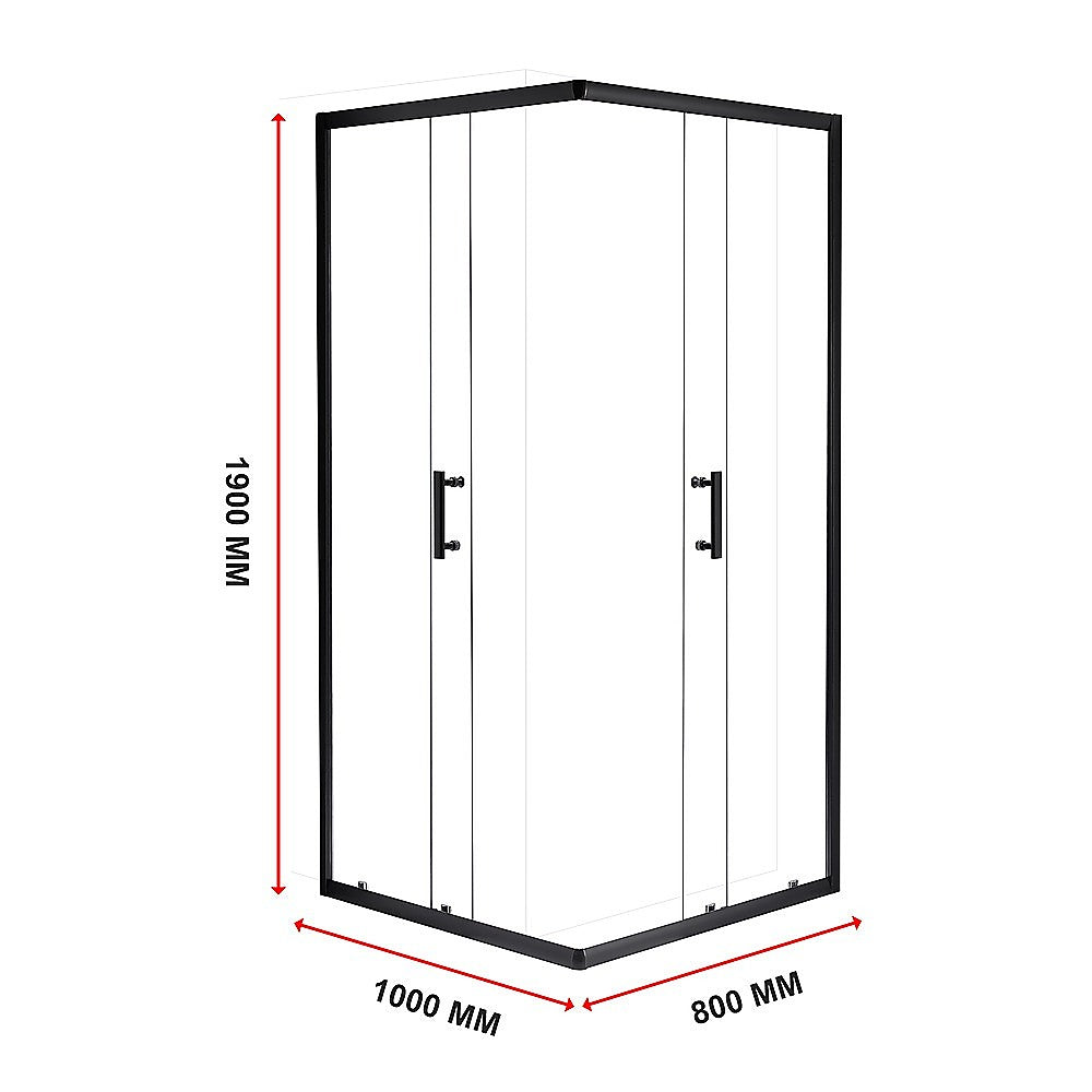 Corner shower screen with 1000 mm by 800 mm clear glass panels and black frame