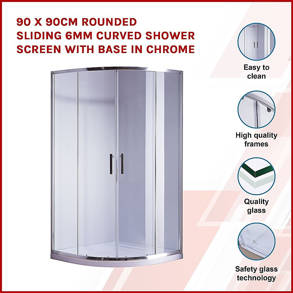 Rounded sliding shower screen with clear glass, chrome frame, and curved base