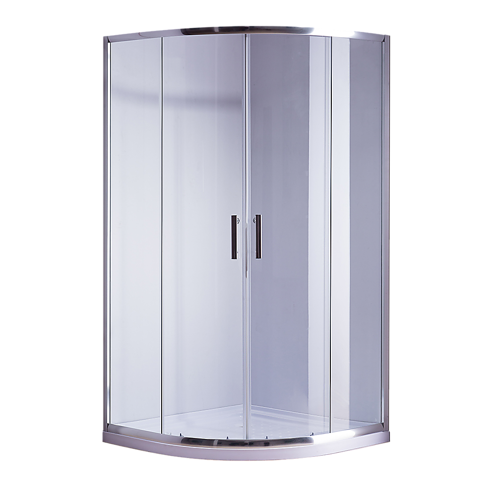 Rounded sliding shower enclosure: clear glass panels with chrome frame and curved base