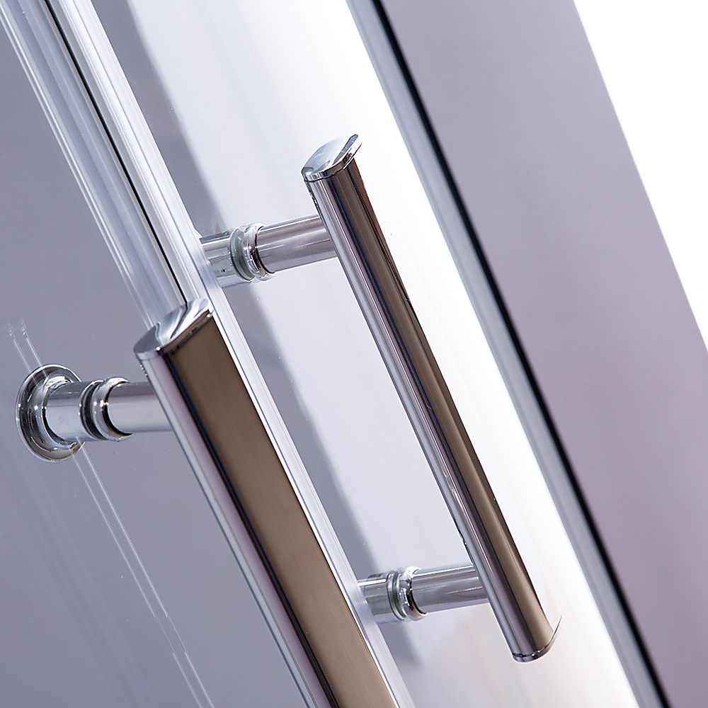 Chrome sliding shower screen handle with glass panel and metal rollers