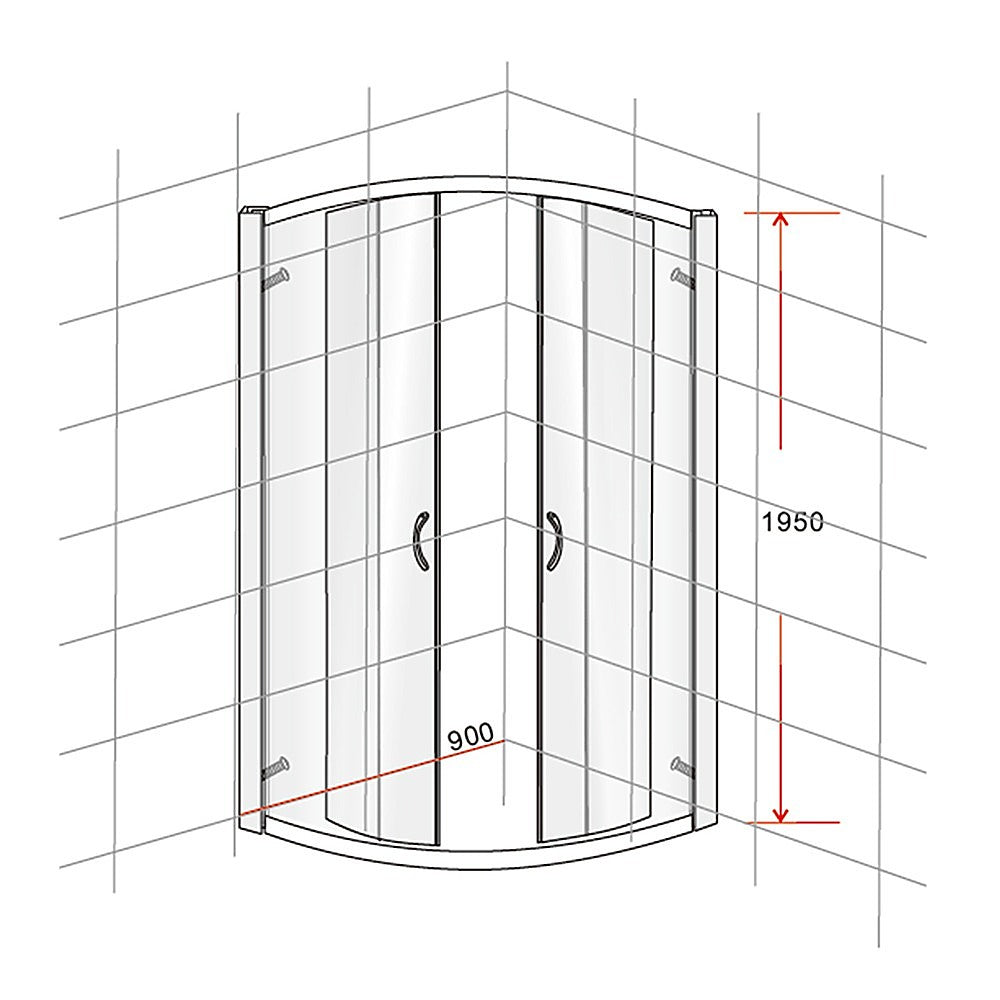 Rounded sliding shower enclosure side diagram with chrome frame and clear glass