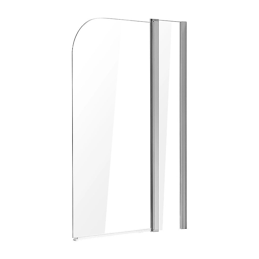 Rounded pivot shower door panel with clear glass and vertical chrome frame bars