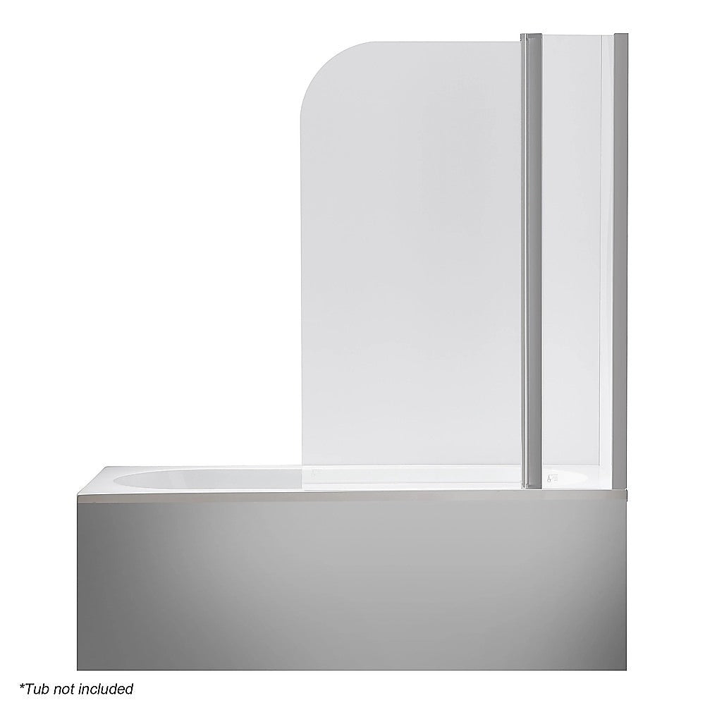 Clear glass pivot shower screen with chrome frame above a bath ledge