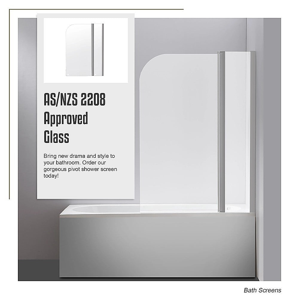 Pivot shower screen with clear glass panel and chrome frame over bath tub