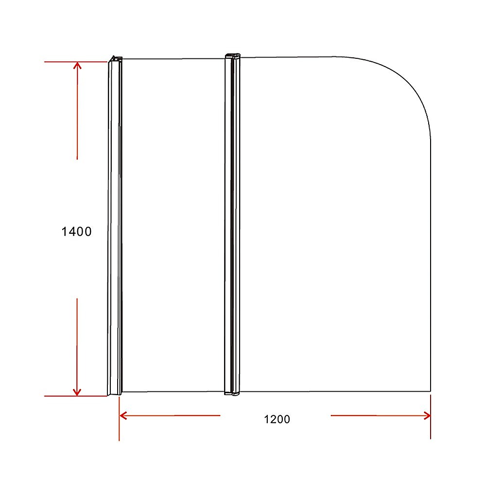 Dimension diagram for clear pivot shower door: 1200mm wide, 1400mm high