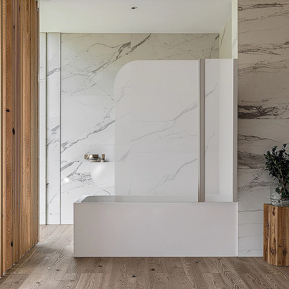 180-degree pivot shower door with clear safety glass panel in white frame