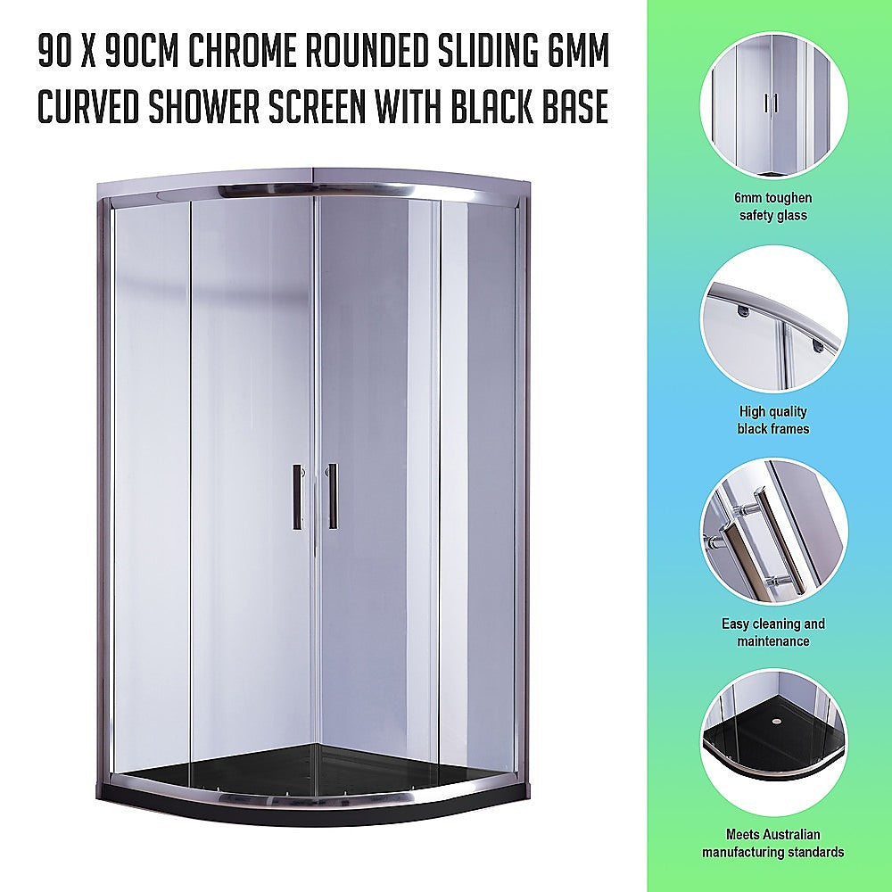 Chrome rounded sliding shower screen with clear glass panels and black base