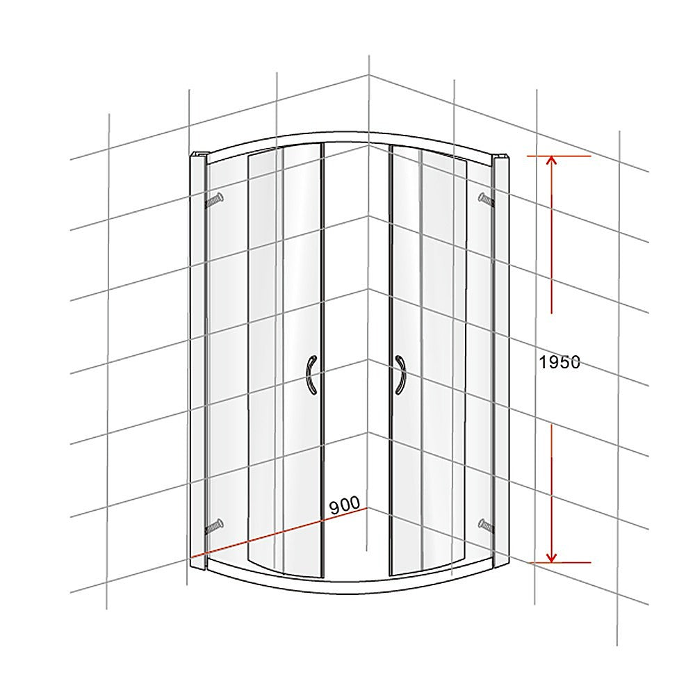 Rounded sliding shower screen size diagram with 900 mm width and 1950 mm height