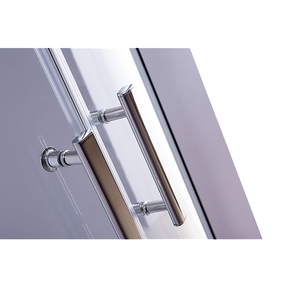 Chrome shower screen handle and frame close-up with clear glass panel