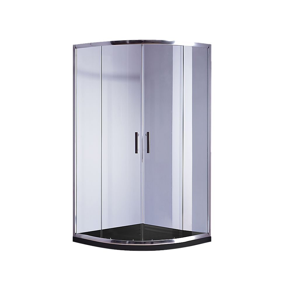 Chrome rounded sliding shower screen with black base and clear glass panels