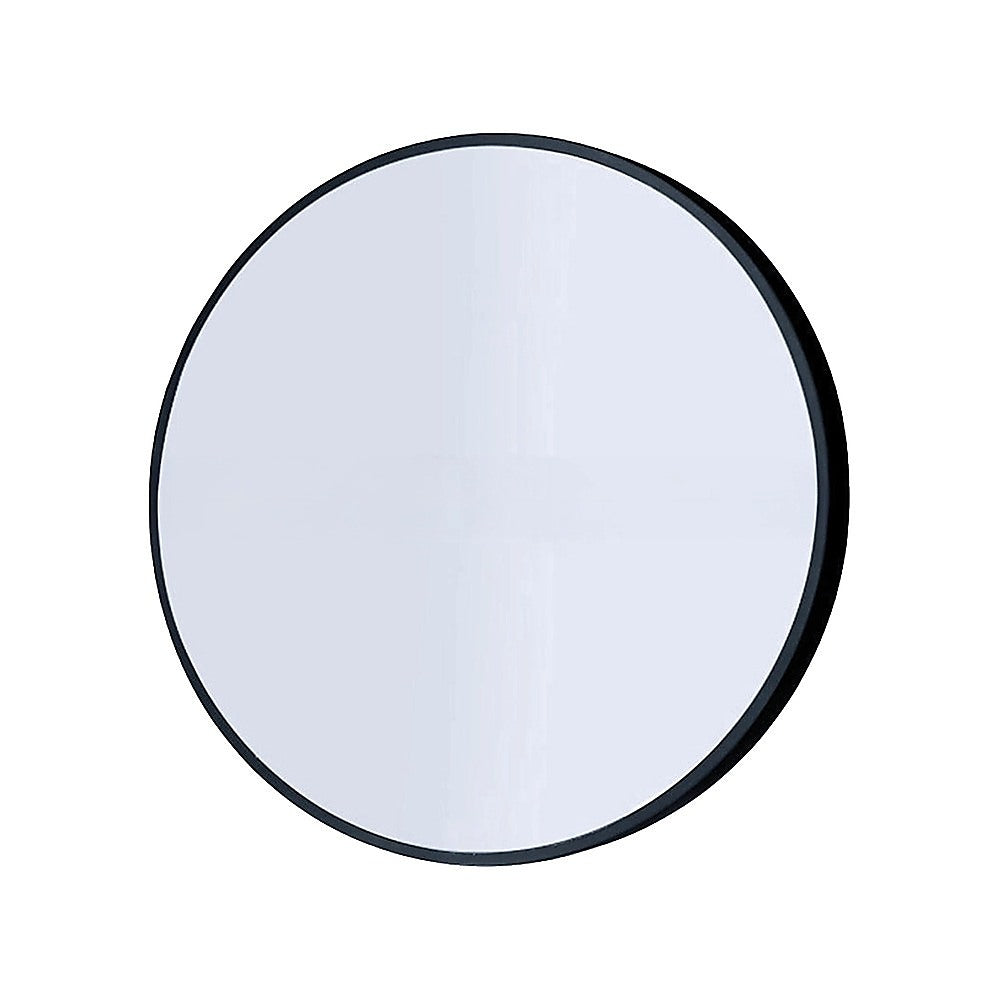 Round wall mirror with dark slim frame and reflective glass, 80 cm diameter.
