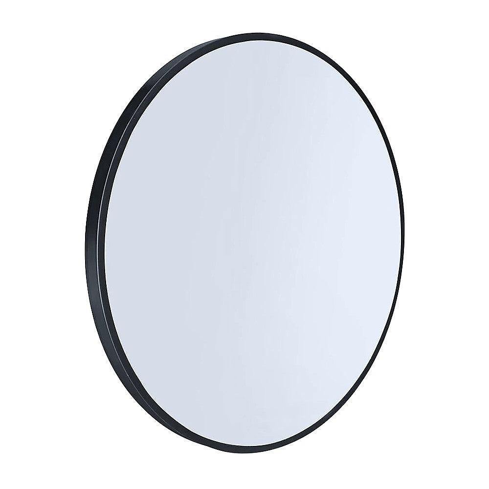 Round wall mirror with dark frame and reflective glass, oval view.