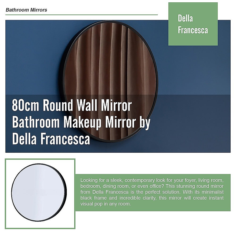 Round wall mirror with dark frame and vertical wood reflection in the glass.