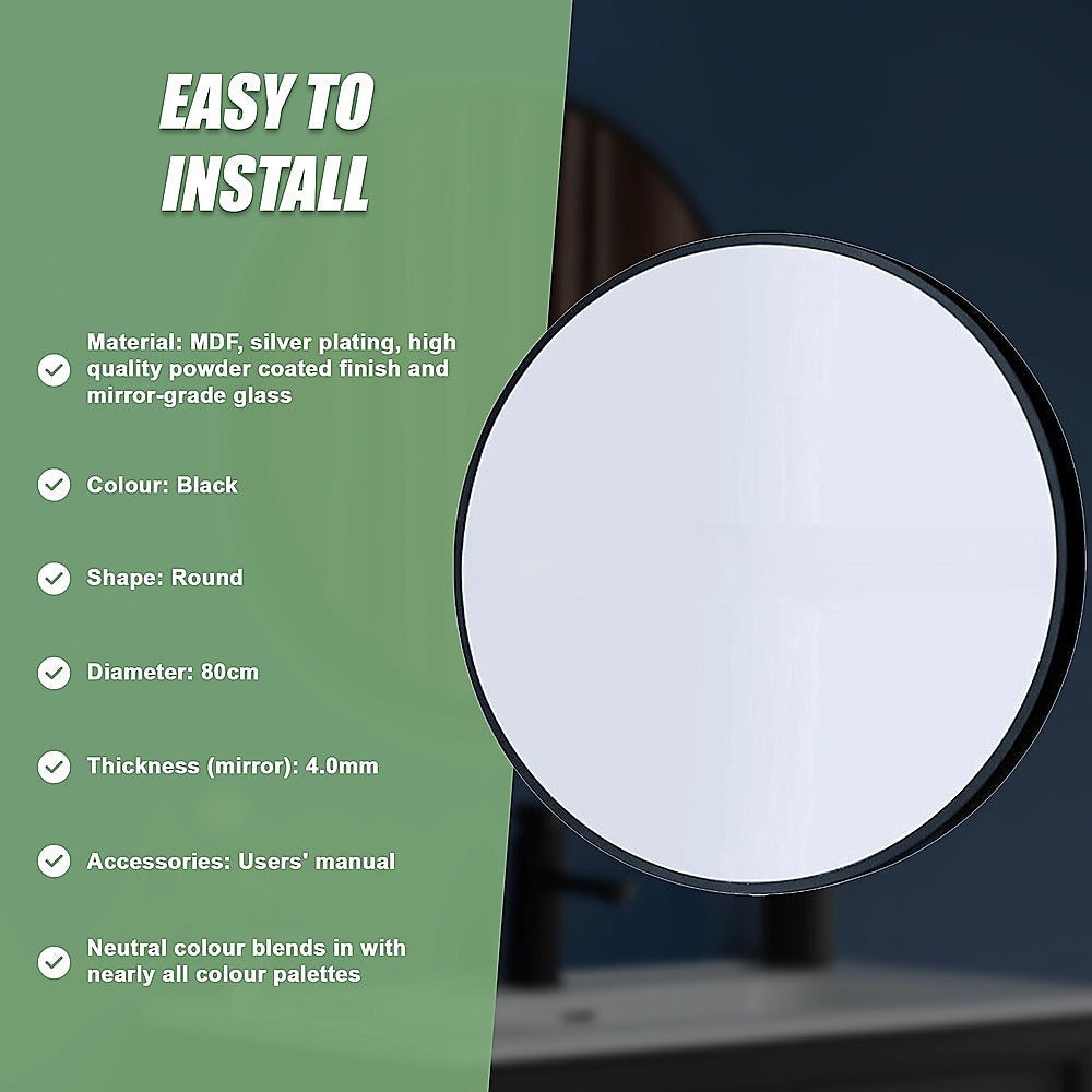 Round wall mirror with dark frame and reflective glass, 80 cm diameter.