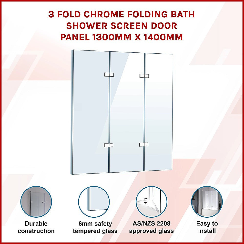 3 Fold Chrome Folding Bath Shower Screen Door Panel 1300mm x 1400mm
