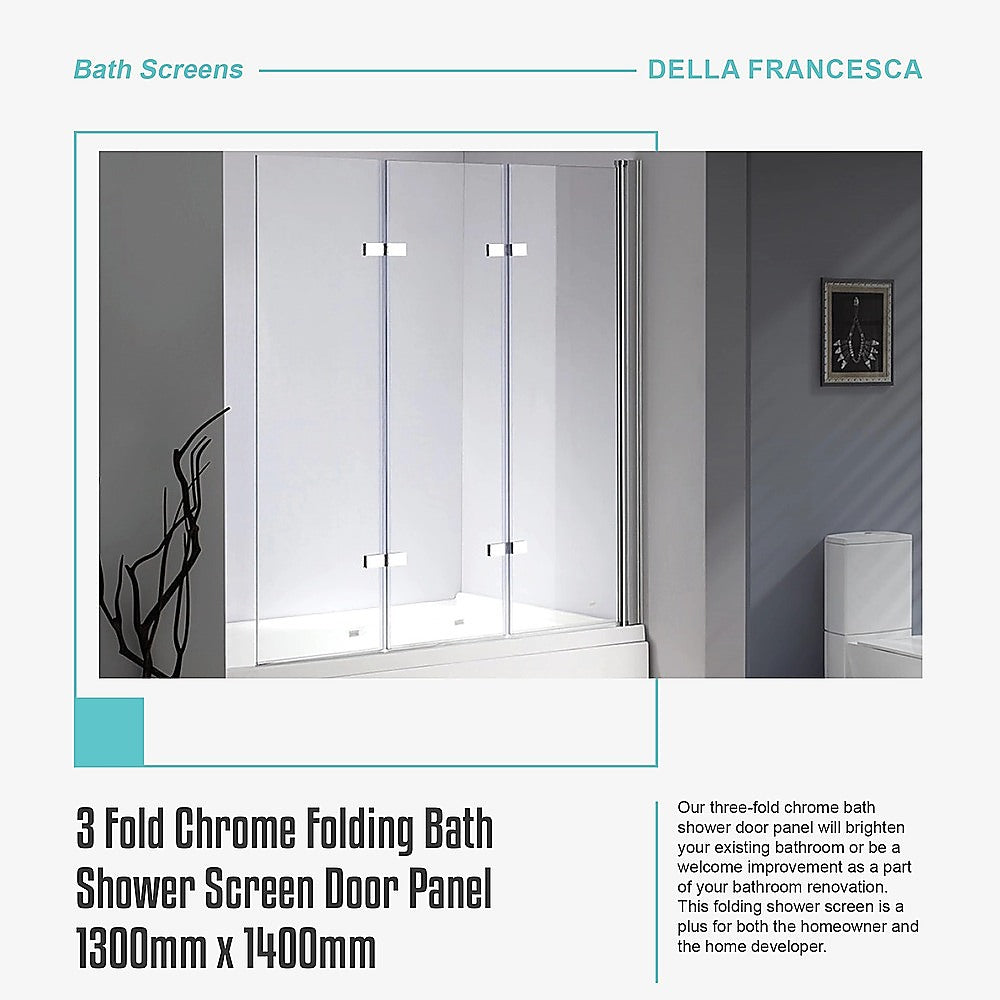 3 Fold Chrome Folding Bath Shower Screen Door Panel 1300mm x 1400mm