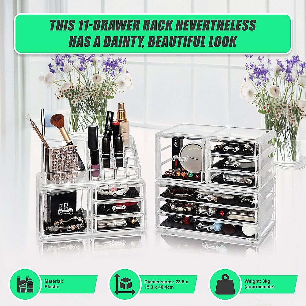 11 Drawers Clear Acrylic Tower Organiser Cosmetic jewellery Luxury Storage Cabinet Bedworld