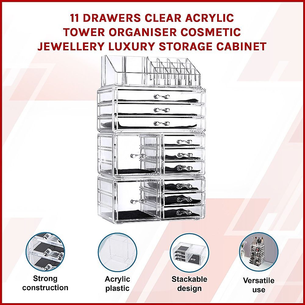 11 Drawers Clear Acrylic Tower Organiser Cosmetic jewellery Luxury Storage Cabinet Bedworld