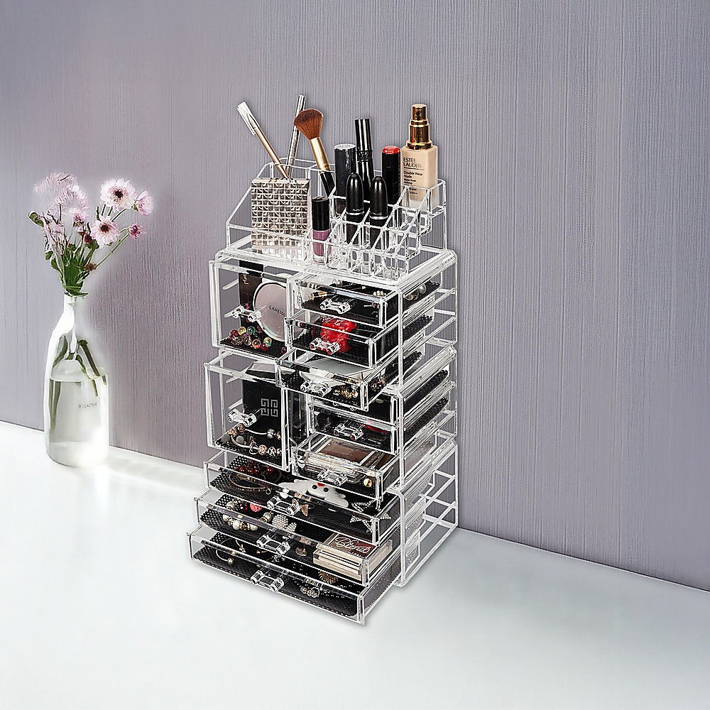 Clear acrylic makeup and jewellery organizer tower with stacked open drawers