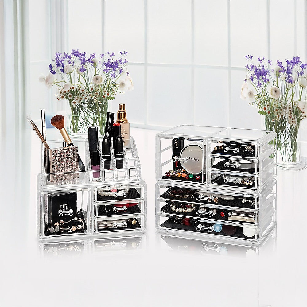 Clear acrylic cosmetic organizer set with stacked drawers and open storage windows