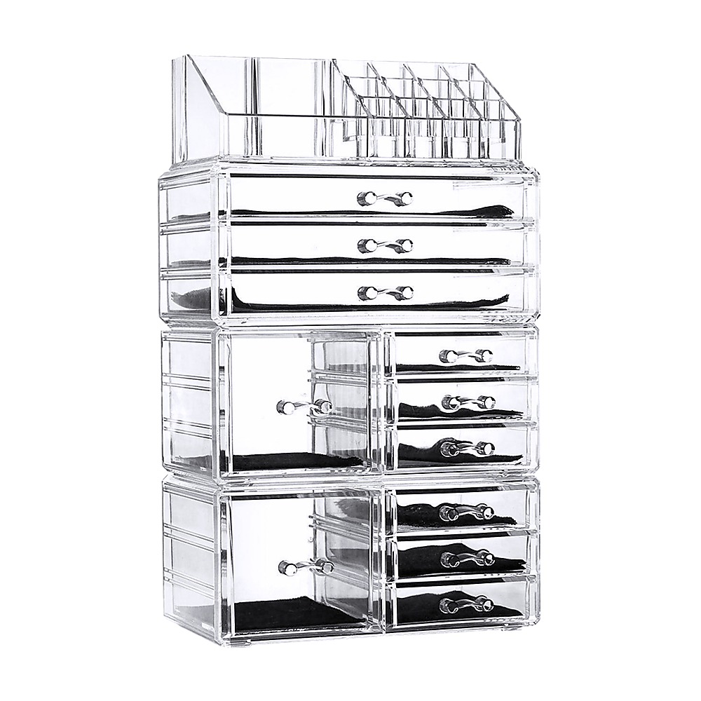 Clear acrylic jewellery organizer tower with stacked drawers and open top section