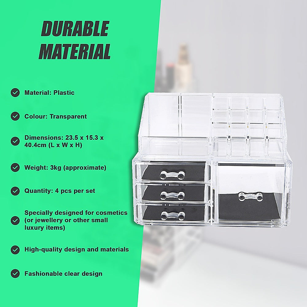 Clear acrylic cosmetic organizer with stacked drawers and transparent compartments