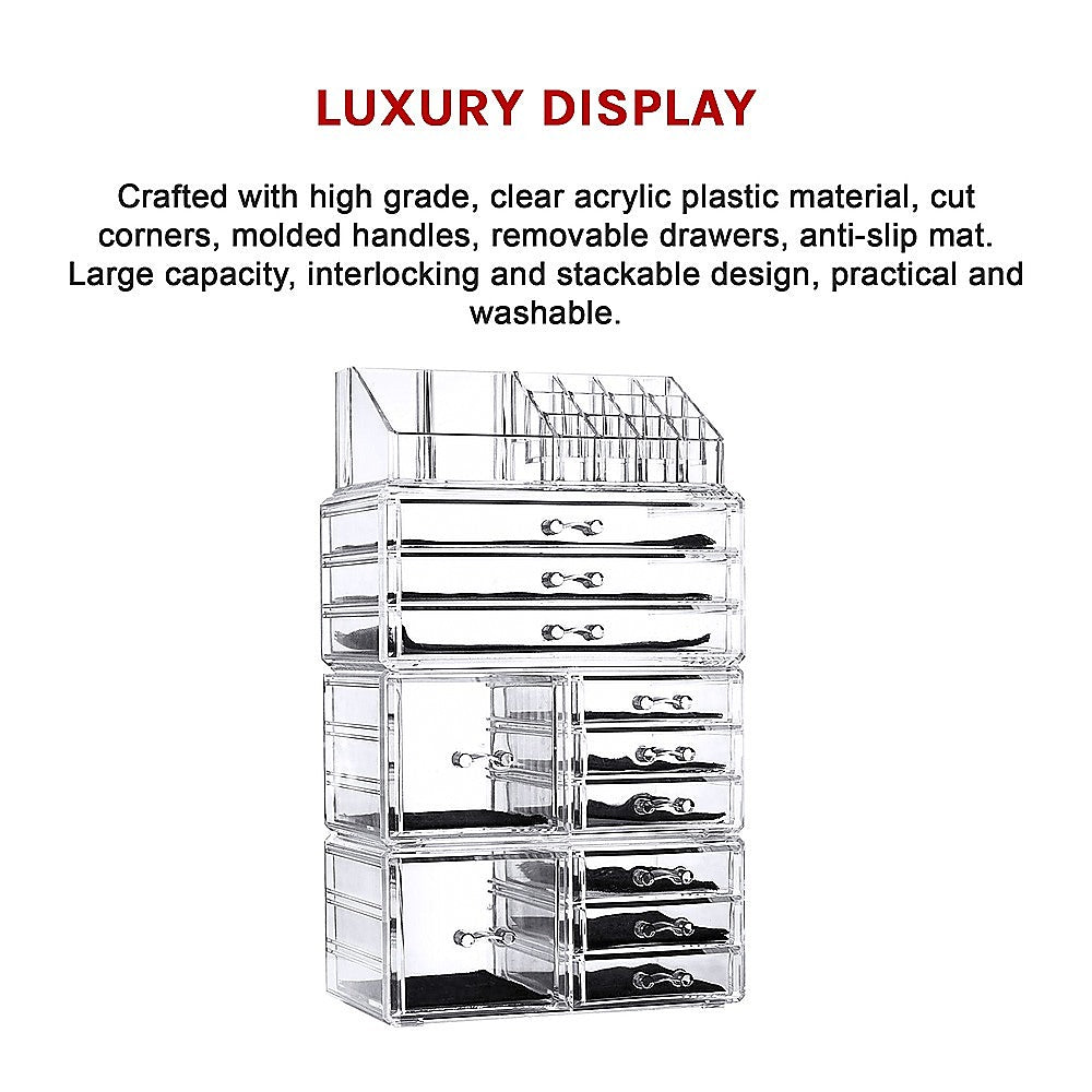 Clear acrylic cosmetic jewellery tower organizer with 11 drawers and metal handles