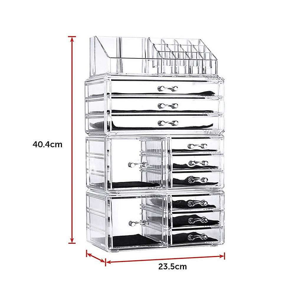 Clear acrylic tower organizer, 11 drawers; 40.4 cm tall, 23.5 cm wide