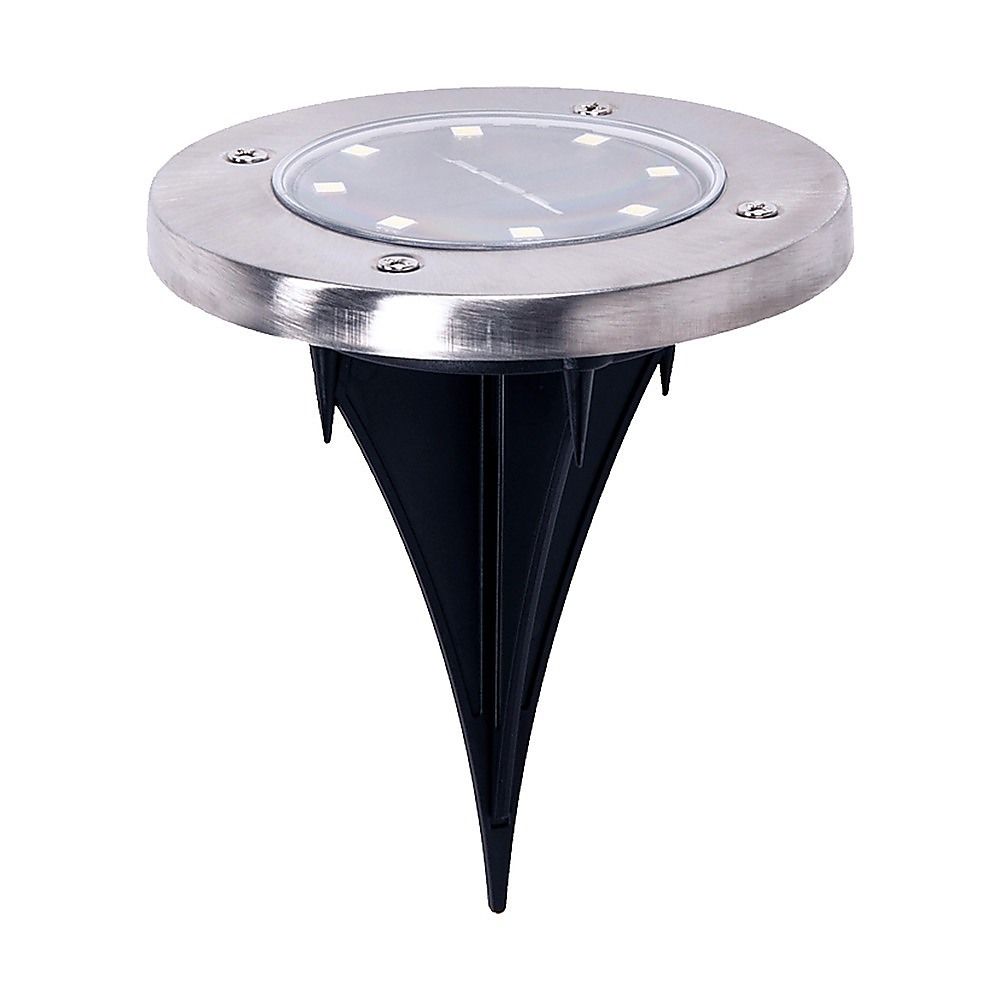 Stainless steel solar LED inground light, round top with glass lens and stake