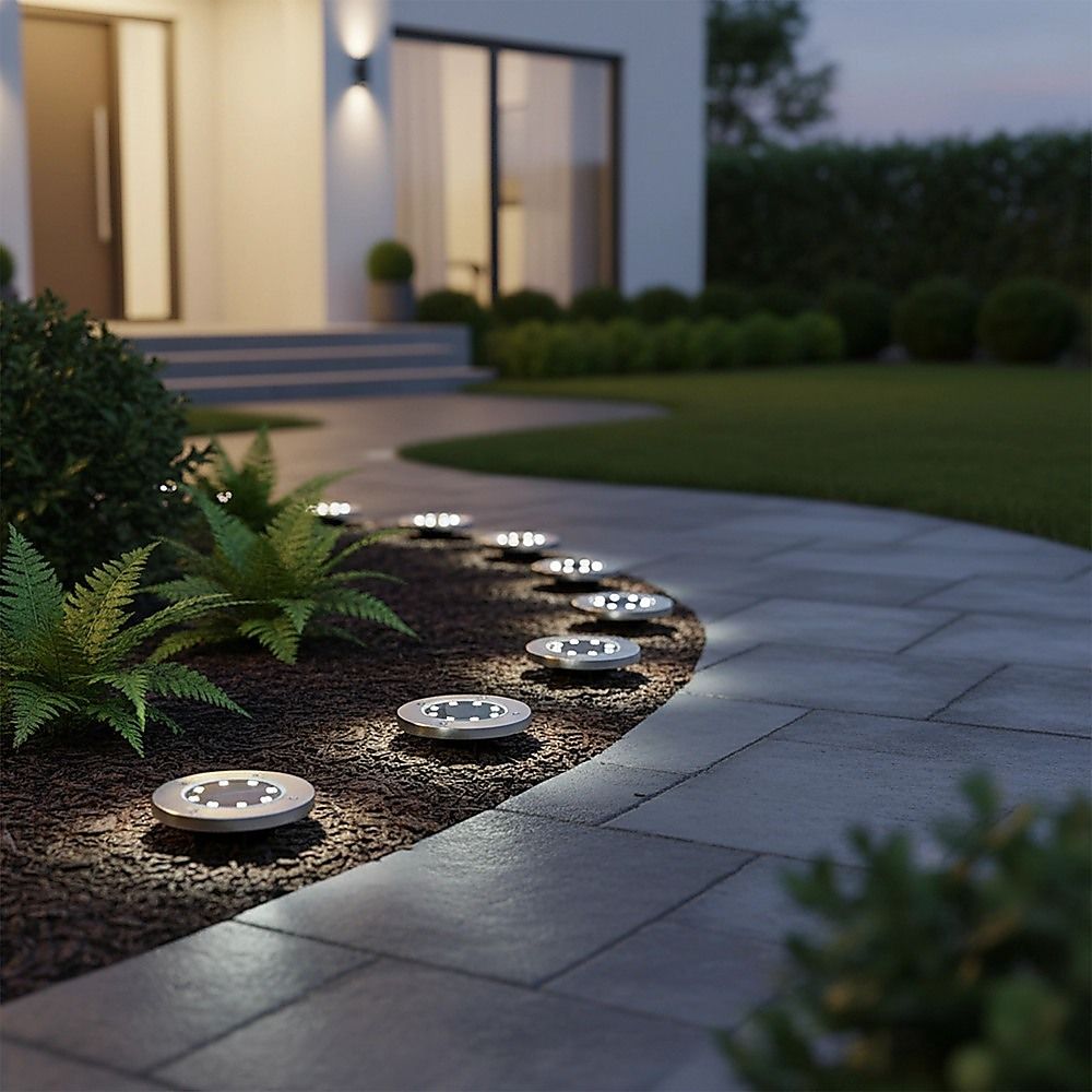 Solar inground LED lights glowing along a garden walkway with stainless-steel caps