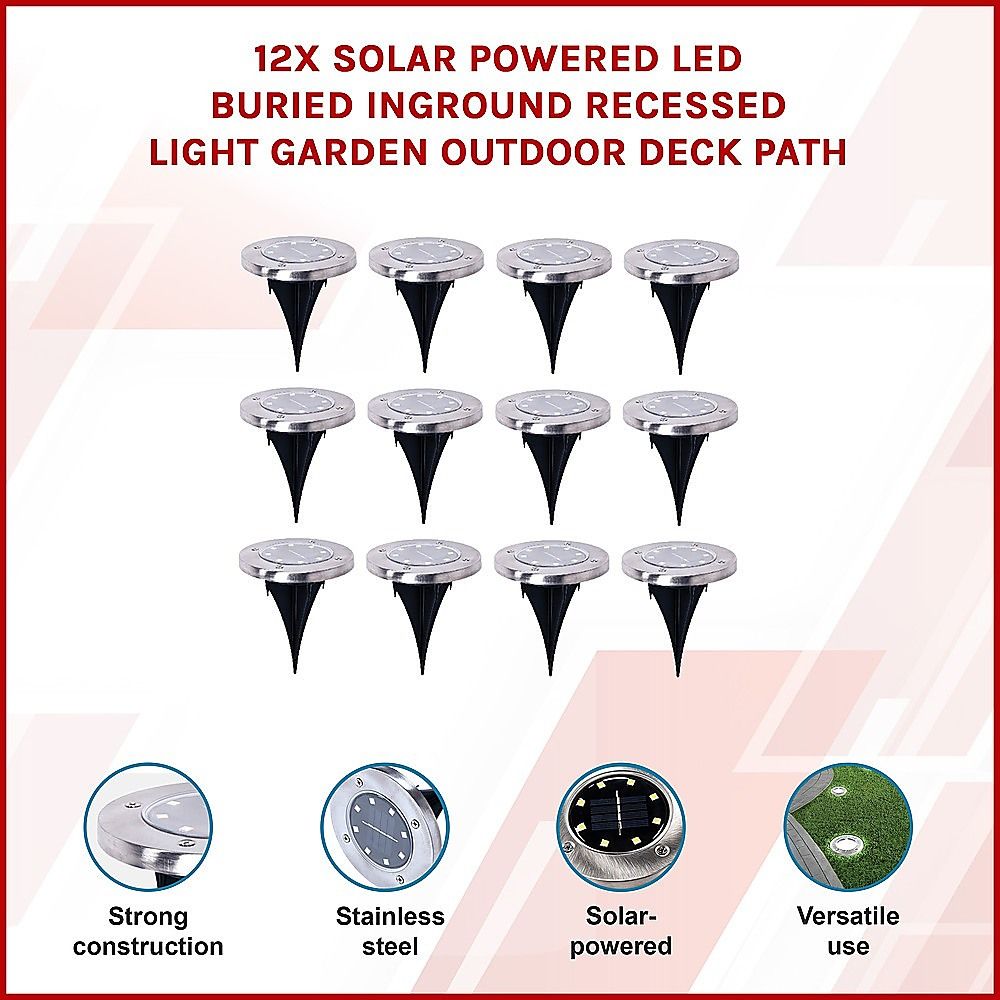 Set of 12 solar-powered recessed LED garden lights with stainless-steel round caps