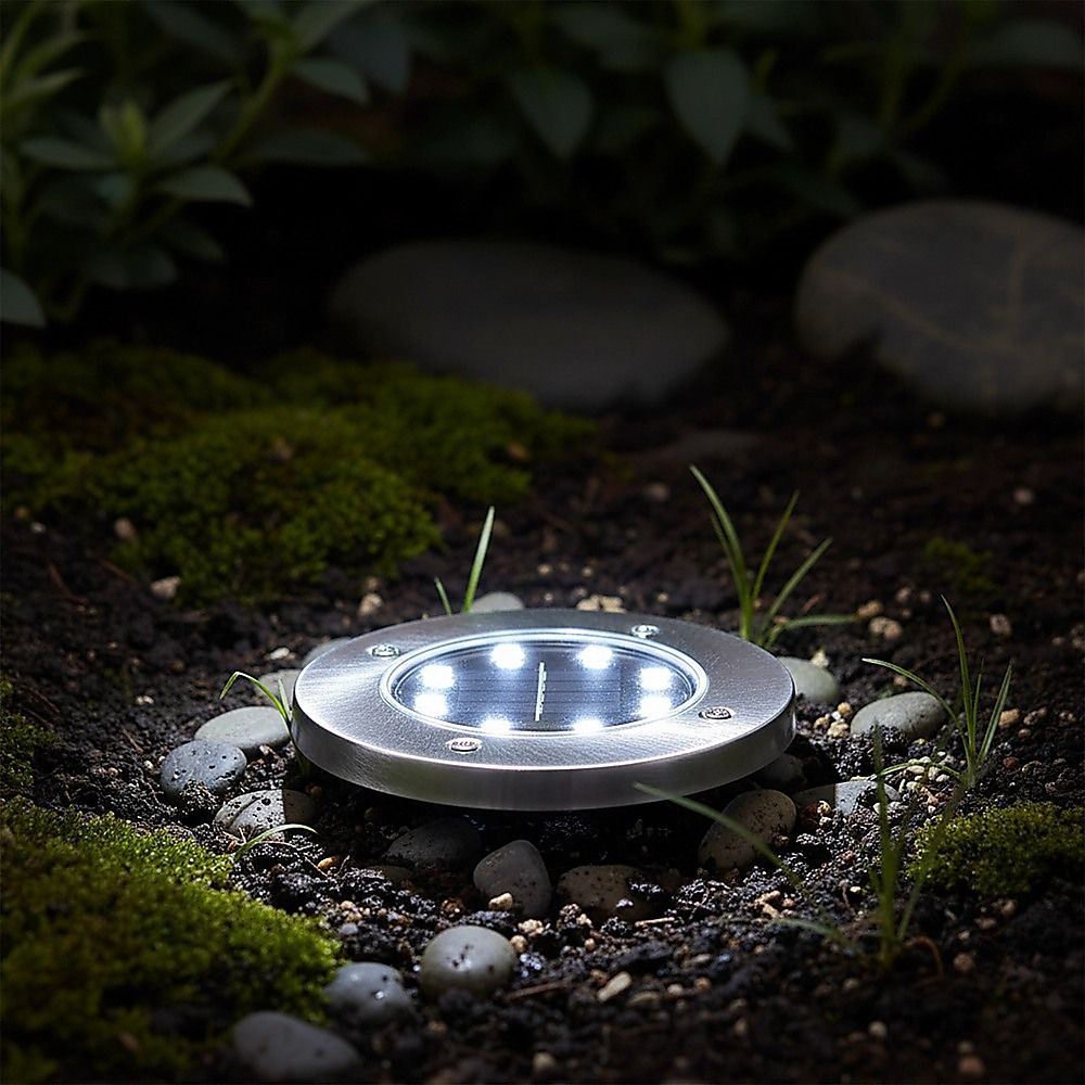 Glowing solar inground LED light with stainless-steel top on garden soil