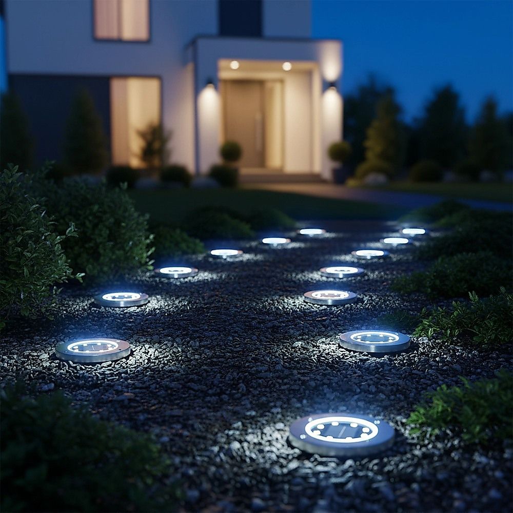 Multiple glowing solar inground LED lights with stainless-steel caps in gravel