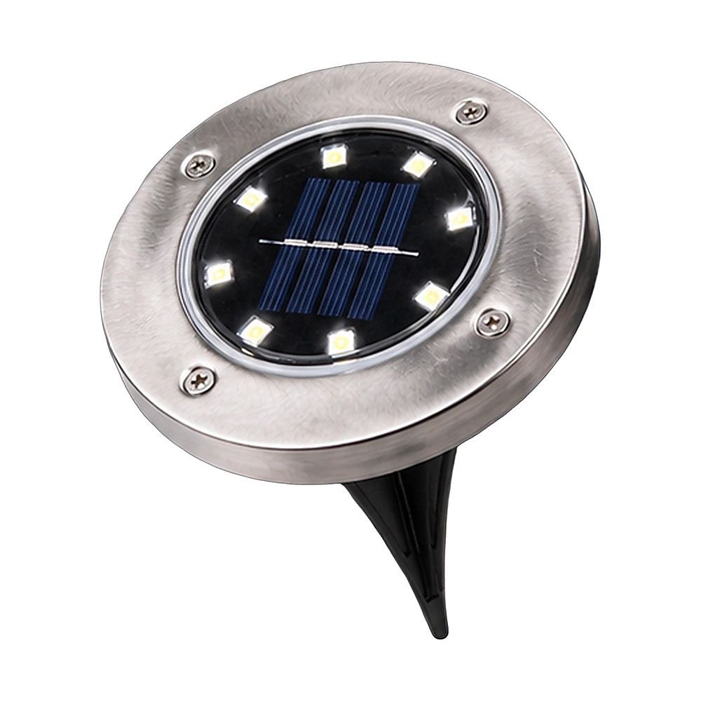 Stainless steel solar LED inground light with circular lens and black spike stake