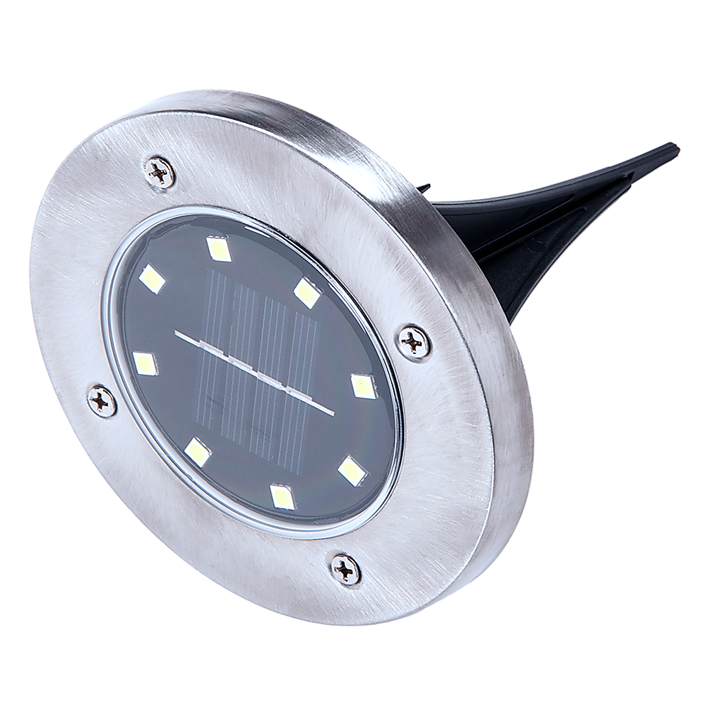 Angled view of a stainless-steel solar inground LED light with black stake stem