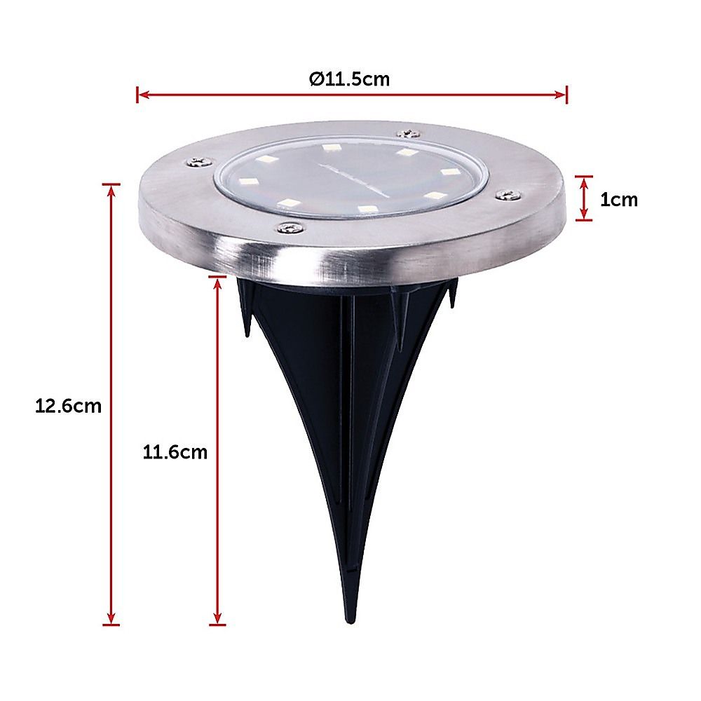 Solar powered LED inground recessed light, round stainless steel top with 3-prong stakes